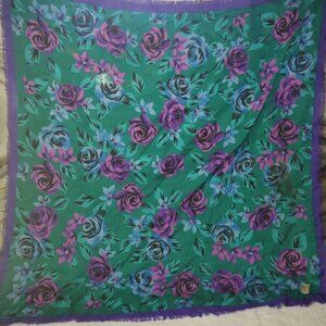 Pink Purple Green Botanical 30x30 Frayed Edge Scarf